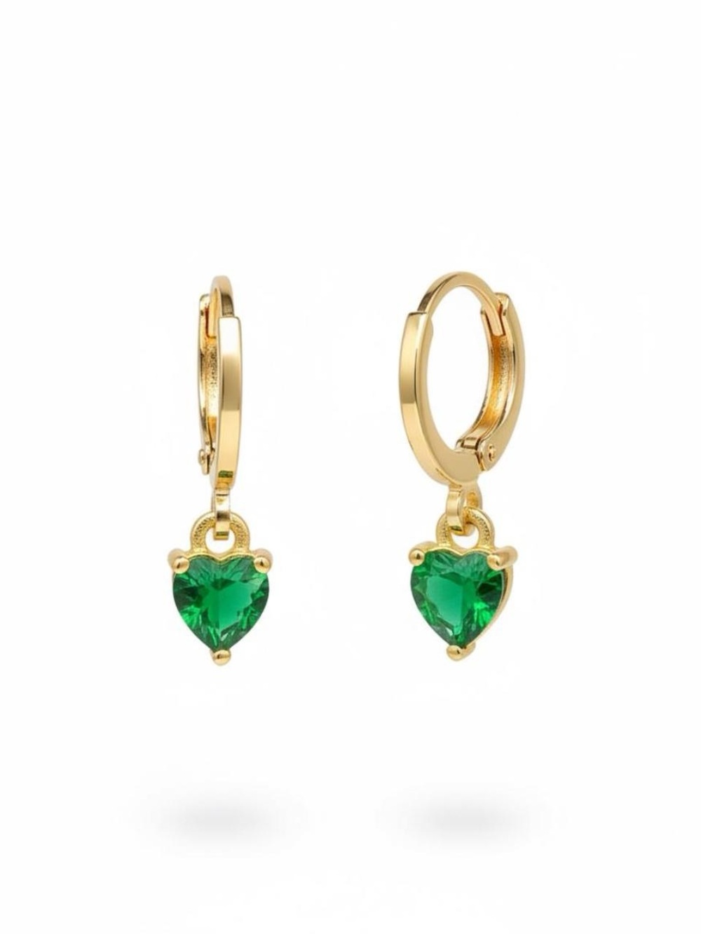 Gold Emerald Green Heart Charm Huggie Hoop Earrings Minimal Dainty Jewelry